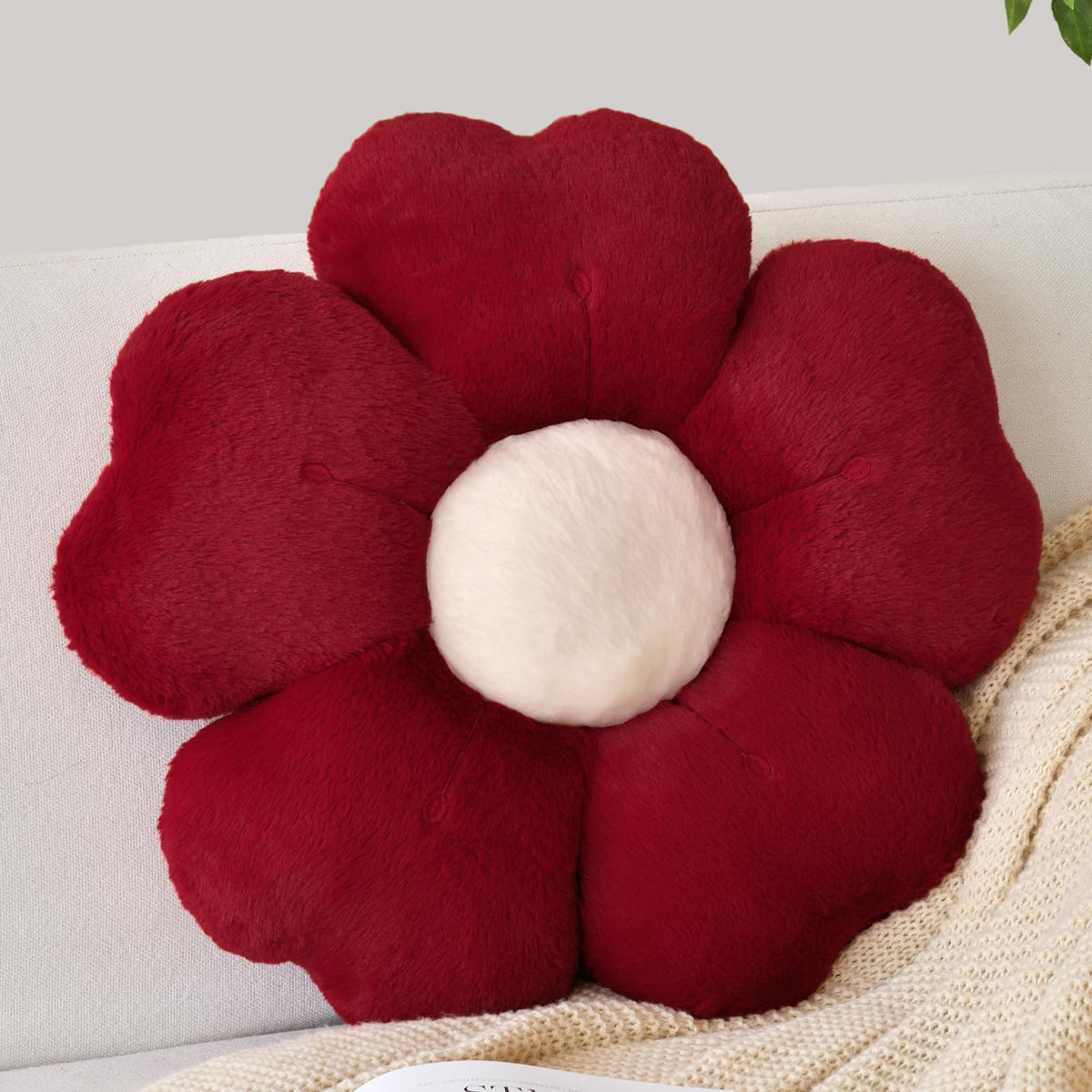 Flower Shaped Pillow, Cute Decorative Throw Pillow with Soft Artificial Rabbit Fur for Couch Bed Chair Floor, Flower Pillows Seating Cushions with Room Décor for Bedroom Living Room (14.9" Lavender)