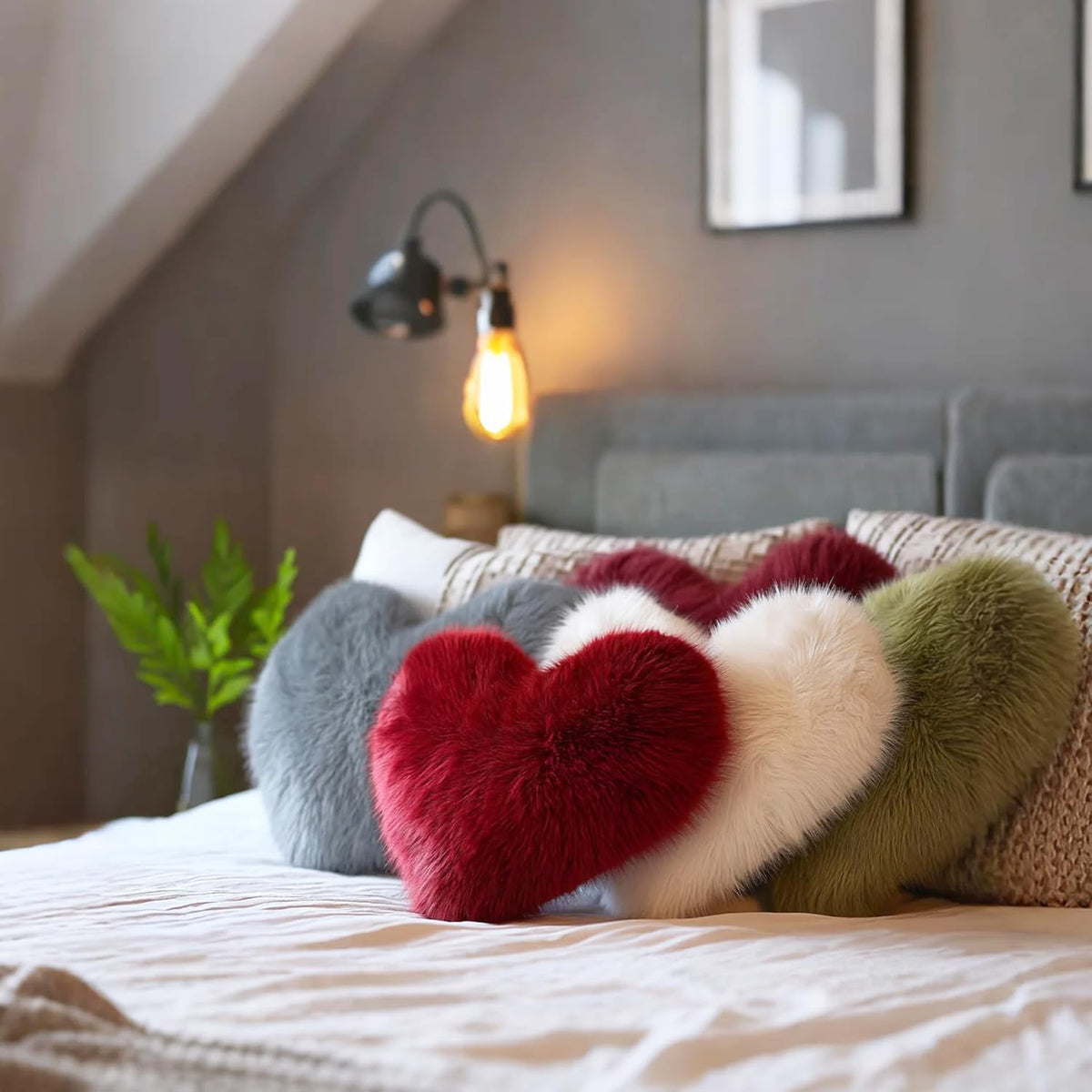 Red Heart Pillow, Faux Fox Fur Heart Decorative Pillows, Heart Shaped Throw Pillow for Bed, Soft Fluffy Decorative Cushion for Chair Sofa Living Room - Plush Pillow Home Decor