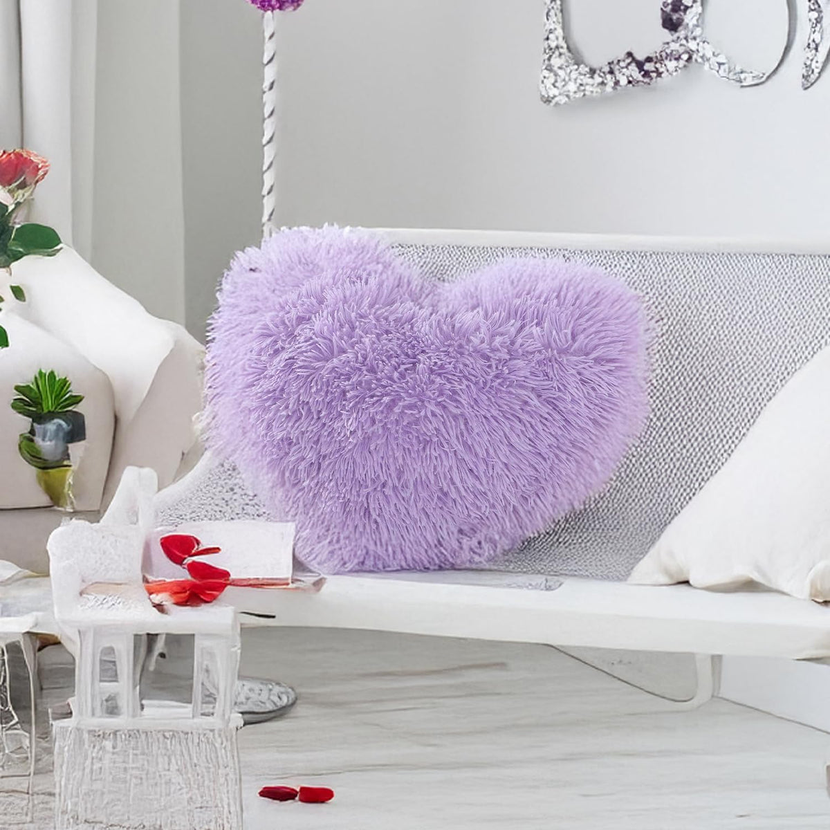 MOOWOO Fluffy Heart Pillow, Faux Fur Throw Pillow,Sherpa Plush Fluffy, Cute Soft Throw Cushion, Christmas Day,Valentines Day Decor for Home Bed Couch (Purple)