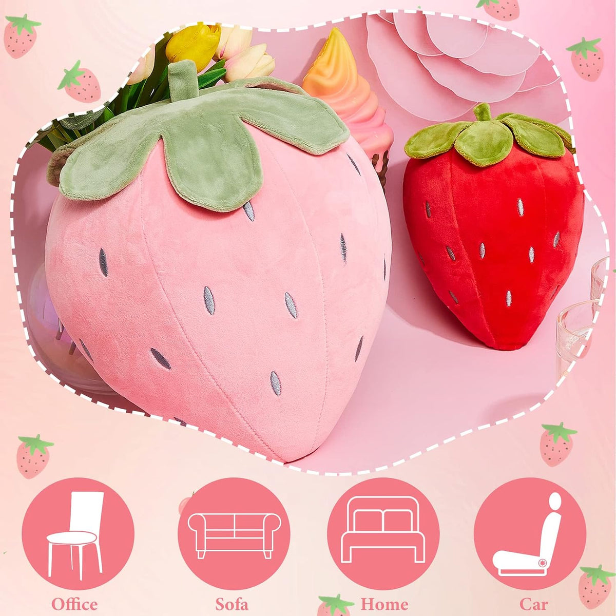 Juexica 2 Pcs Strawberry Plush Pillow, Soft Fruit Cushion, Red，Pink