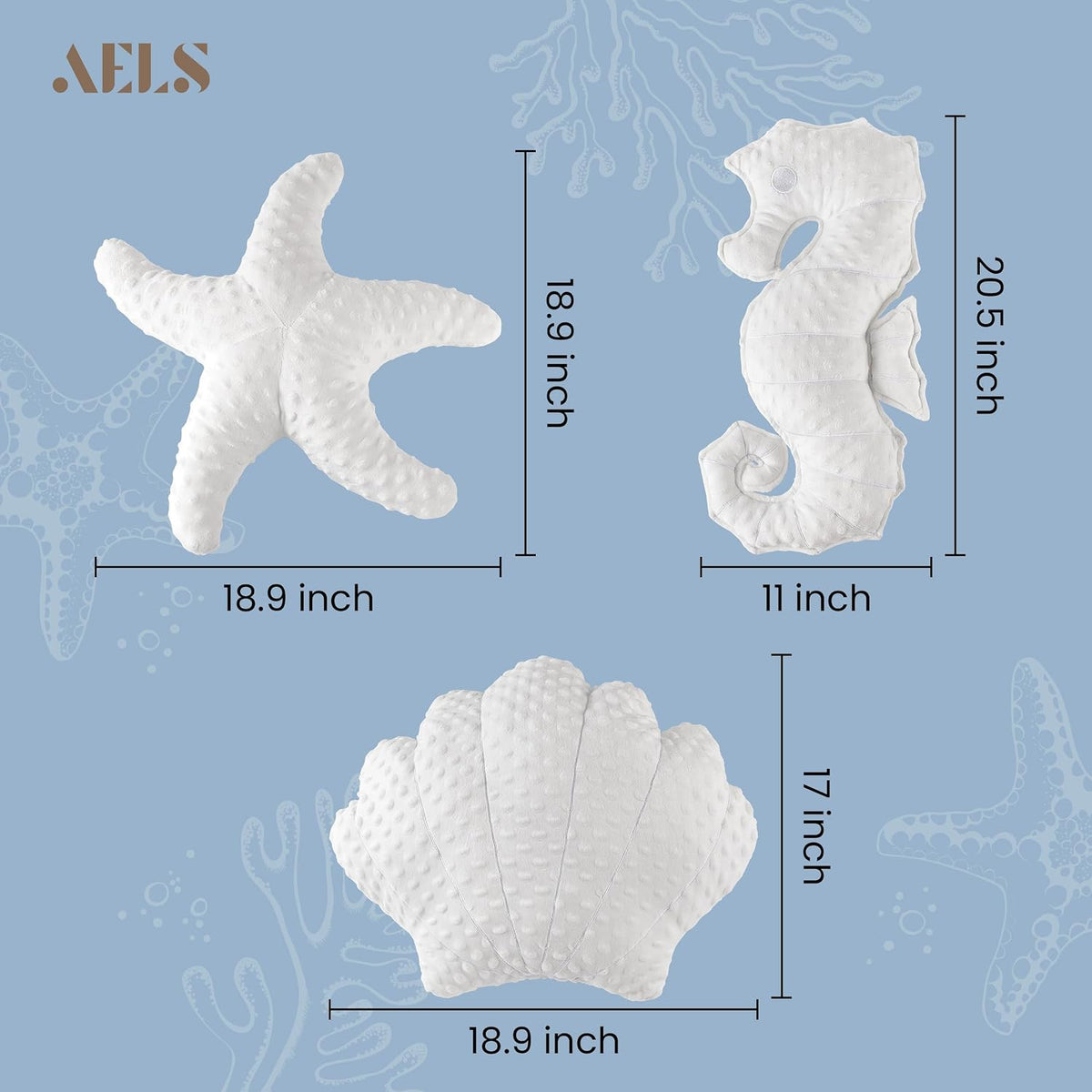 AELS Coastal Throw Pillows Set of 3, Starfish Shell Seahorse Pillows, Beach Ocean Nautical Themed Smooth Soft Minky Decorative Throw Pillows, Cute Pillow for Couch Sofa Bed Living Room Bedroom, White