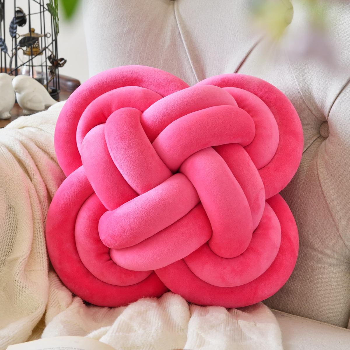 Xuyier Knot Pillow Ball, 12" Decorative Throw Pillows for Couch Bed, Beige