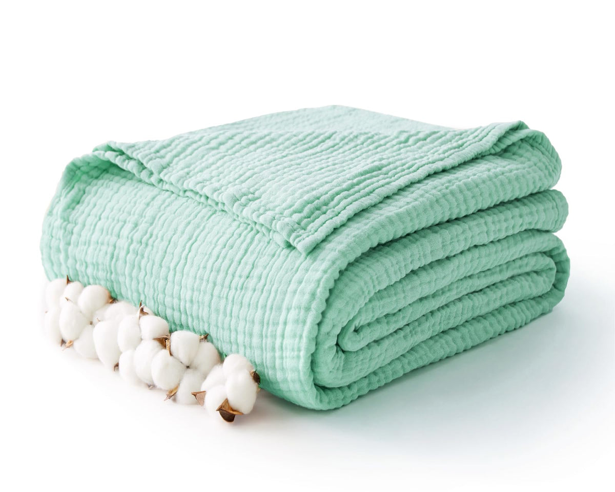 100% Cotton Muslin Blanket for Adults, 6-Layer Large Throw, Beige Linen