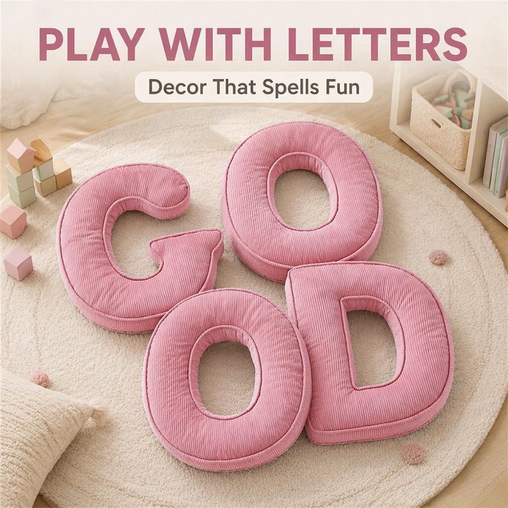 Pink Letter Plush Pillow, Letter Hugging Throw Pillows, Decorative Corduroy Initial Letter Shaped Throw Pillows, Letter Pillows English Alphabet A to Z for Sofa Bedroom Living Room Decor (M)