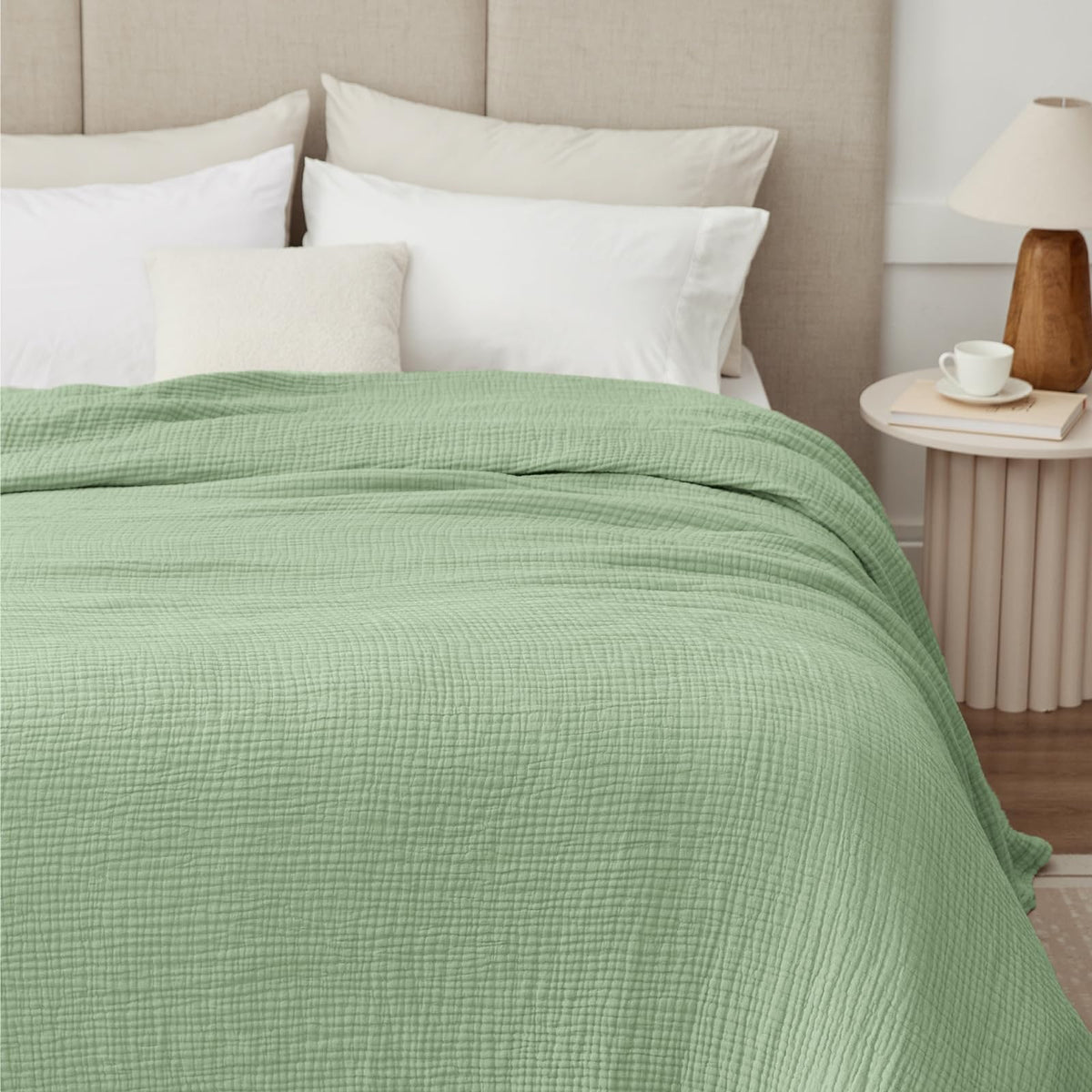 100% Cotton Muslin Blanket for Adults, 6-Layer Large Throw, Beige Linen