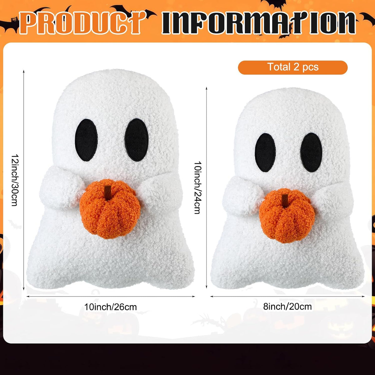 Fuutreo 2 Pcs Halloween Ghost Shaped Plush Throw Pillows with Pumpkin