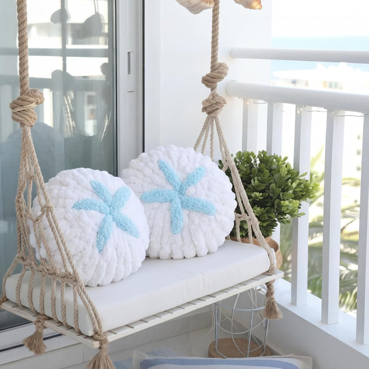 Breling 2 Pcs Hand Crochet Sand Dollar Pillows Knitted Throw Pillows