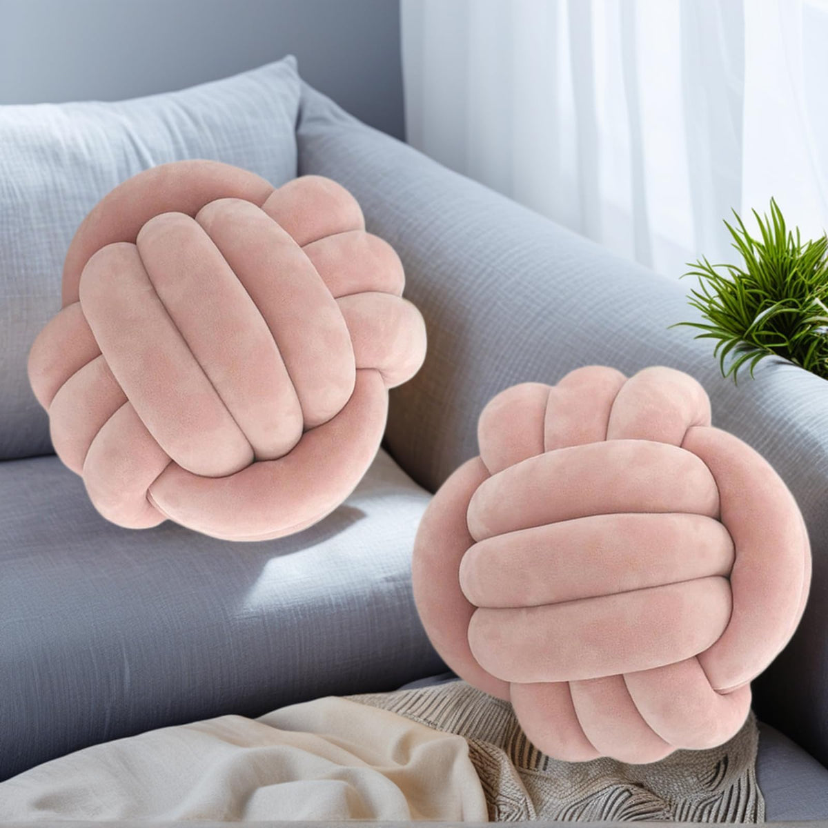 2 Pcs Knot Ball Pillow Black Throw Pillows Plush Round Cushion 8.7"