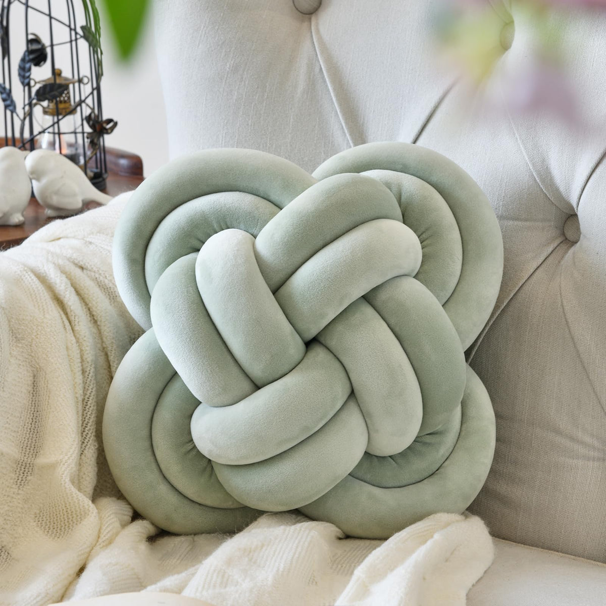 Xuyier Knot Pillow Ball, 12" Decorative Throw Pillows for Couch Bed, Beige