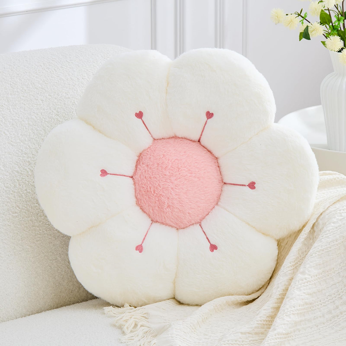 Flower Pillow, Light Pink Flower Decorative Throw Pillows for Bed Couch, Aesthetic Home Decor Cute 14.9" Daisy Floral Shaped Plush Pillow Floor Seat Cushion