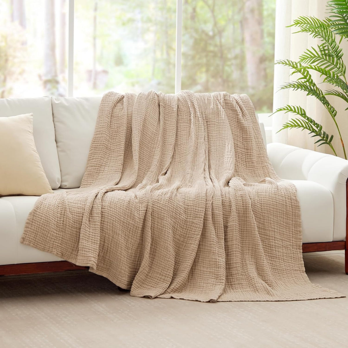 100% Cotton Muslin Blanket for Adults, 6-Layer Large Throw, Beige Linen