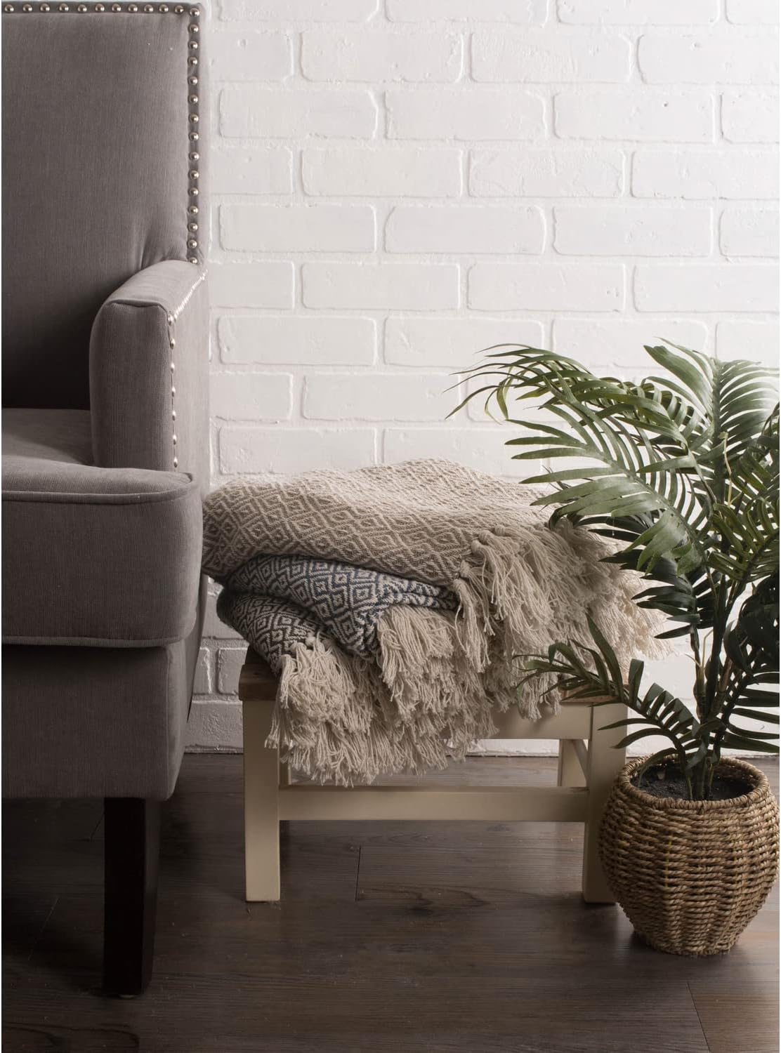DII Rustic Farmhouse Double Diamond Woven Throw, 50x60, Stone