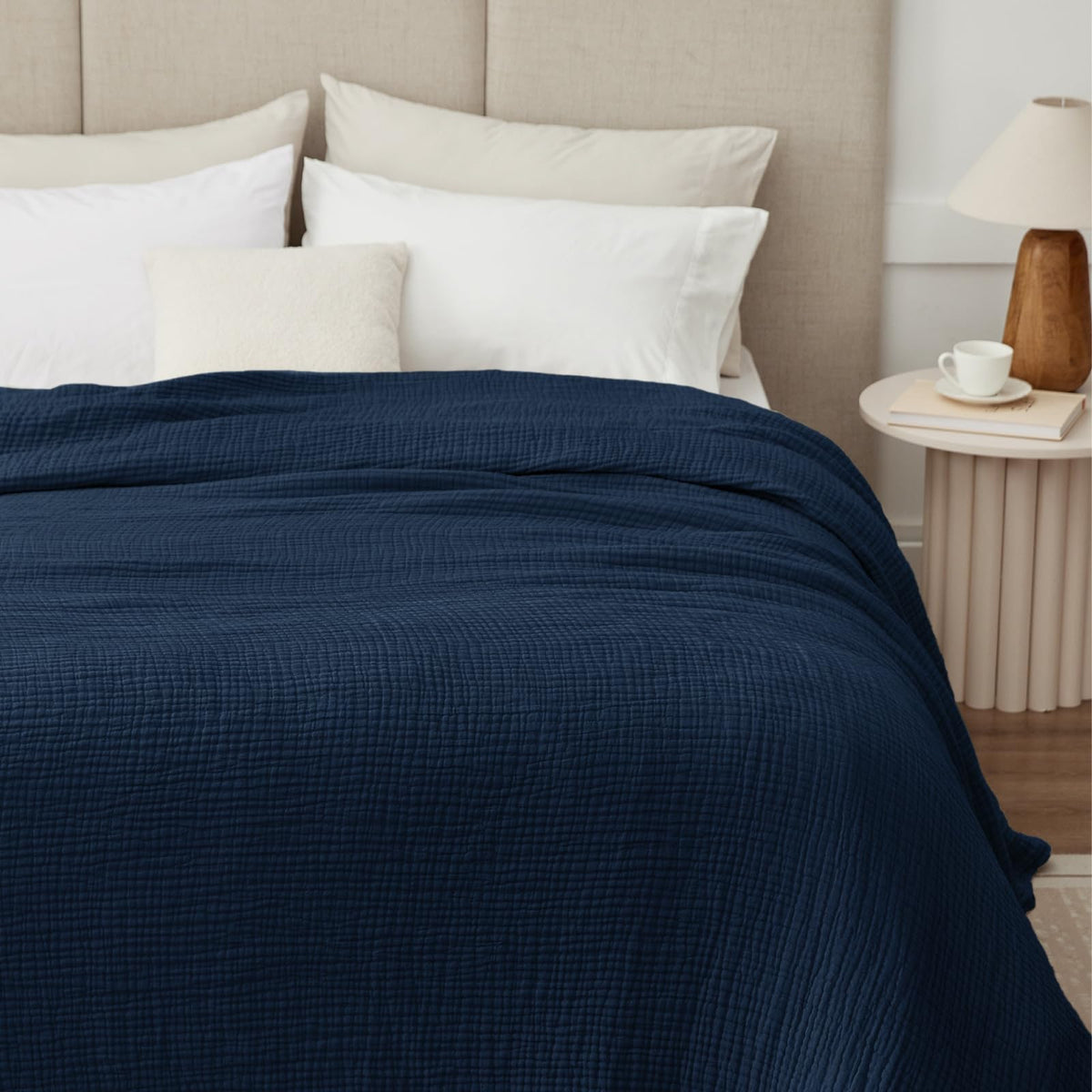 100% Cotton Muslin Blanket for Adults, 6-Layer Large Throw, Beige Linen