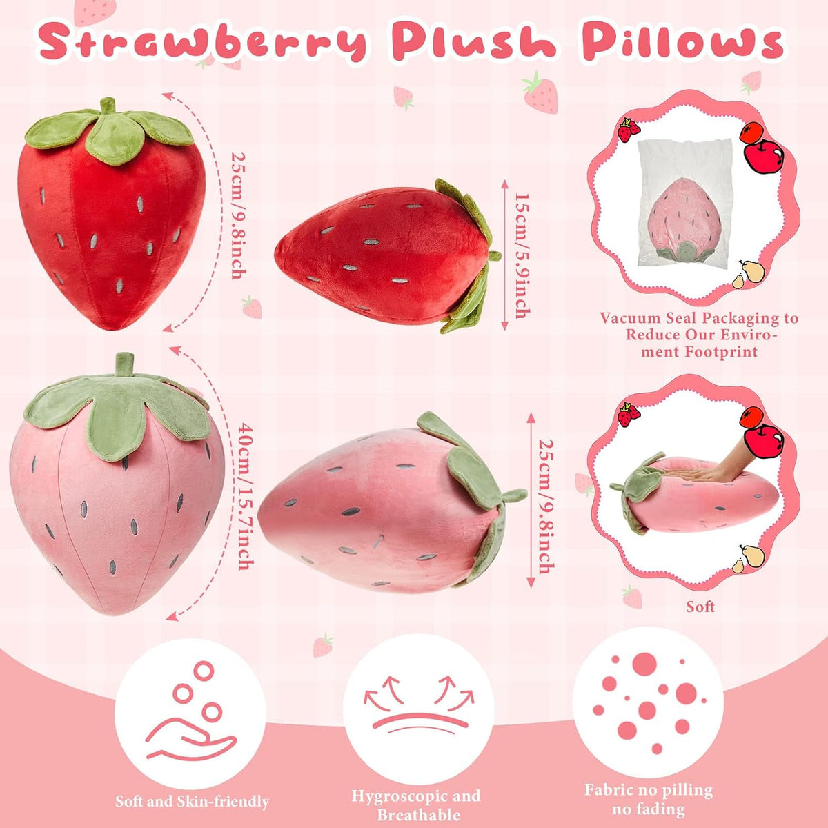 Juexica 2 Pcs Strawberry Plush Pillow, Soft Fruit Cushion, Red，Pink