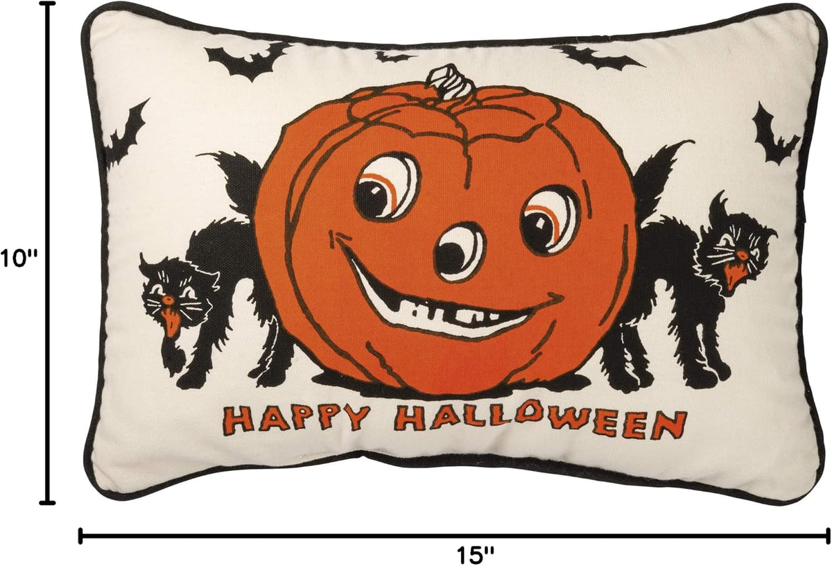 Primitives by Kathy Retro-Inspired Halloween Throw Pillow, 15 x 10-Inch, Vintage-Inspired Cotton Pillow from Our Halloween Collection/Happy Halloween Front Sentiment/Jack-O'Lantern/Black cat Design