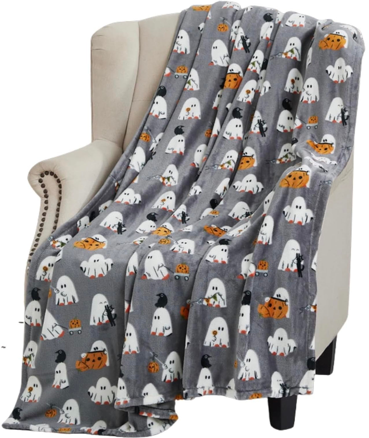 Halloween Fleece Throw Blanket, Black Bats on Gray, 50"x70" Oversized