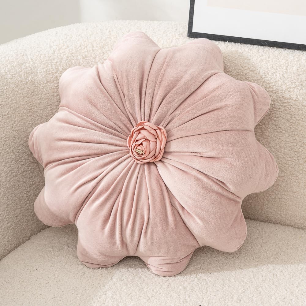 Flower Pillow Cushion Round Decorative Throw Pillows 15.7 Inch Velvet Flower Shaped Pillow Floral Cushion for Sofa, Couch, Vanity Chair, Bed (Green)