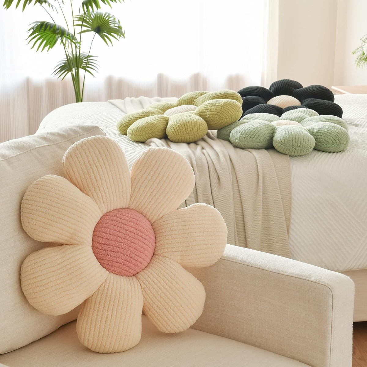 Flower Shaped Pillow, Daisy Decorative Throw Seat Cushion, 14.9" Ivory