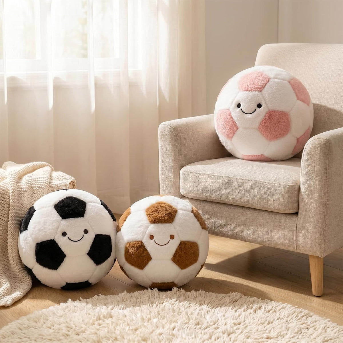 PEACH CAT Soccer Ball Plush 9.8" Cute Soccer Pillow Decorative Football Shaped Round Throw Pillows Gifts Decor for Room Bed Sofa Couch Pink