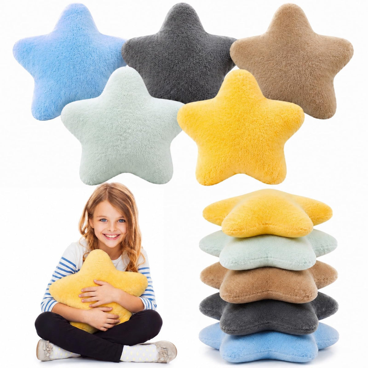 Soaoo 5 Pcs Star Fluffy Pillow Shaped Star Throw Pillow Kids Aesthetic Decor Soft Preppy Cute Cushion for Sofa Living Room Bedroom Back to School 15.75 in, Bright Mix