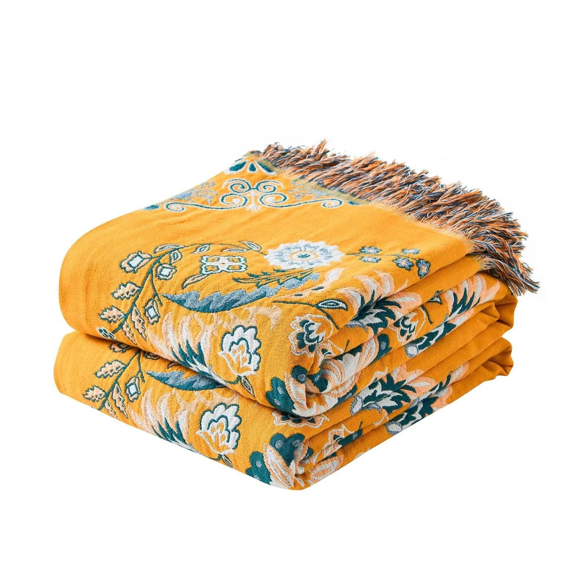 XIBLC Boho Throw Blanket, 100% Cotton Ultra Soft Luxury Throw Rustic Quilt, 50"x60" Floral Bird Butterfly Farmhouse Decor Bed Blankets, All Season Rustic Reversible Bohemian Throw for Bed - Yellow