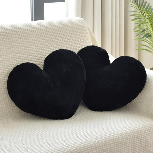 2 Pcs Black Heart Pillow 16" Fluffy Decorative Throw Pillows for Couch Bed
