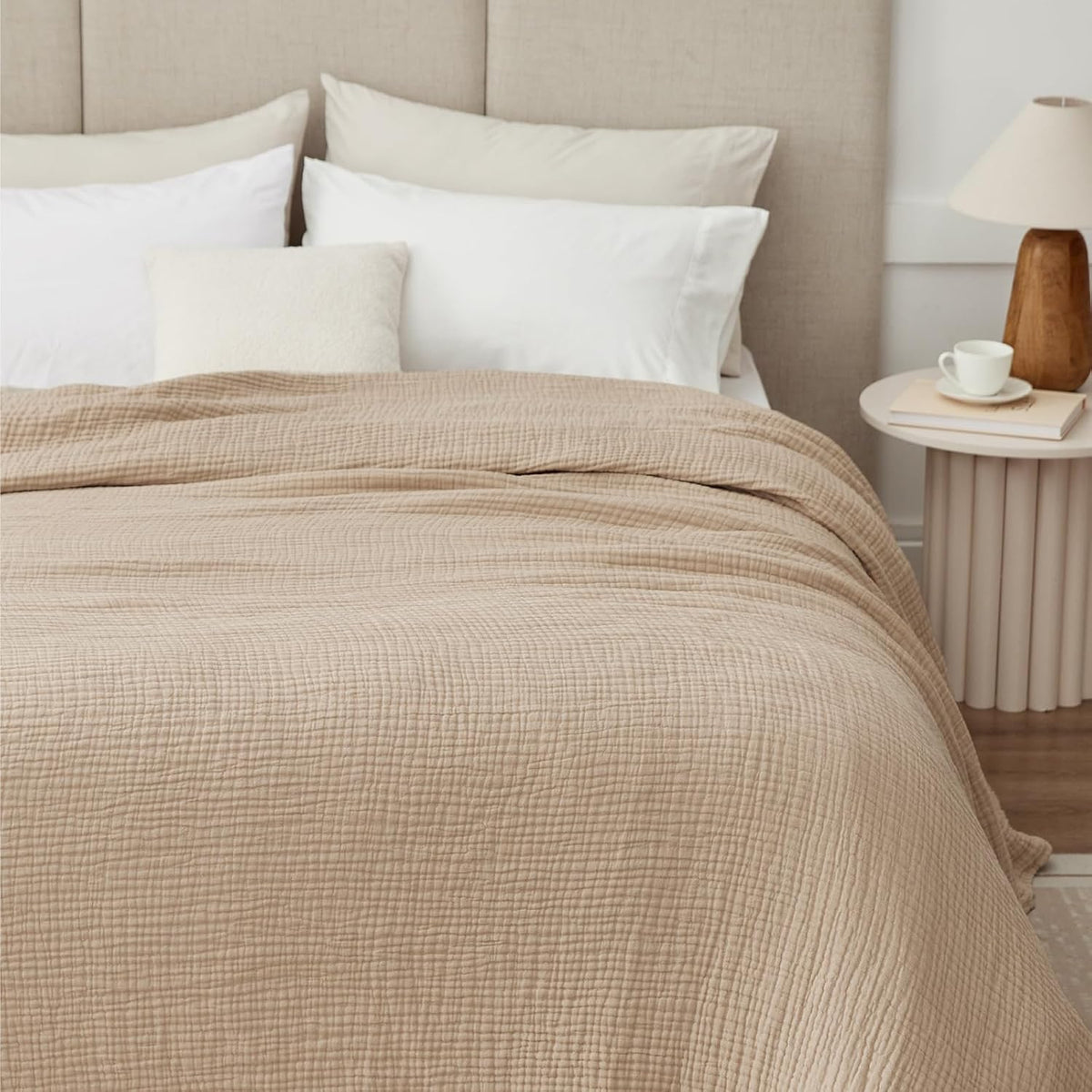 100% Cotton Muslin Blanket for Adults, 6-Layer Large Throw, Beige Linen