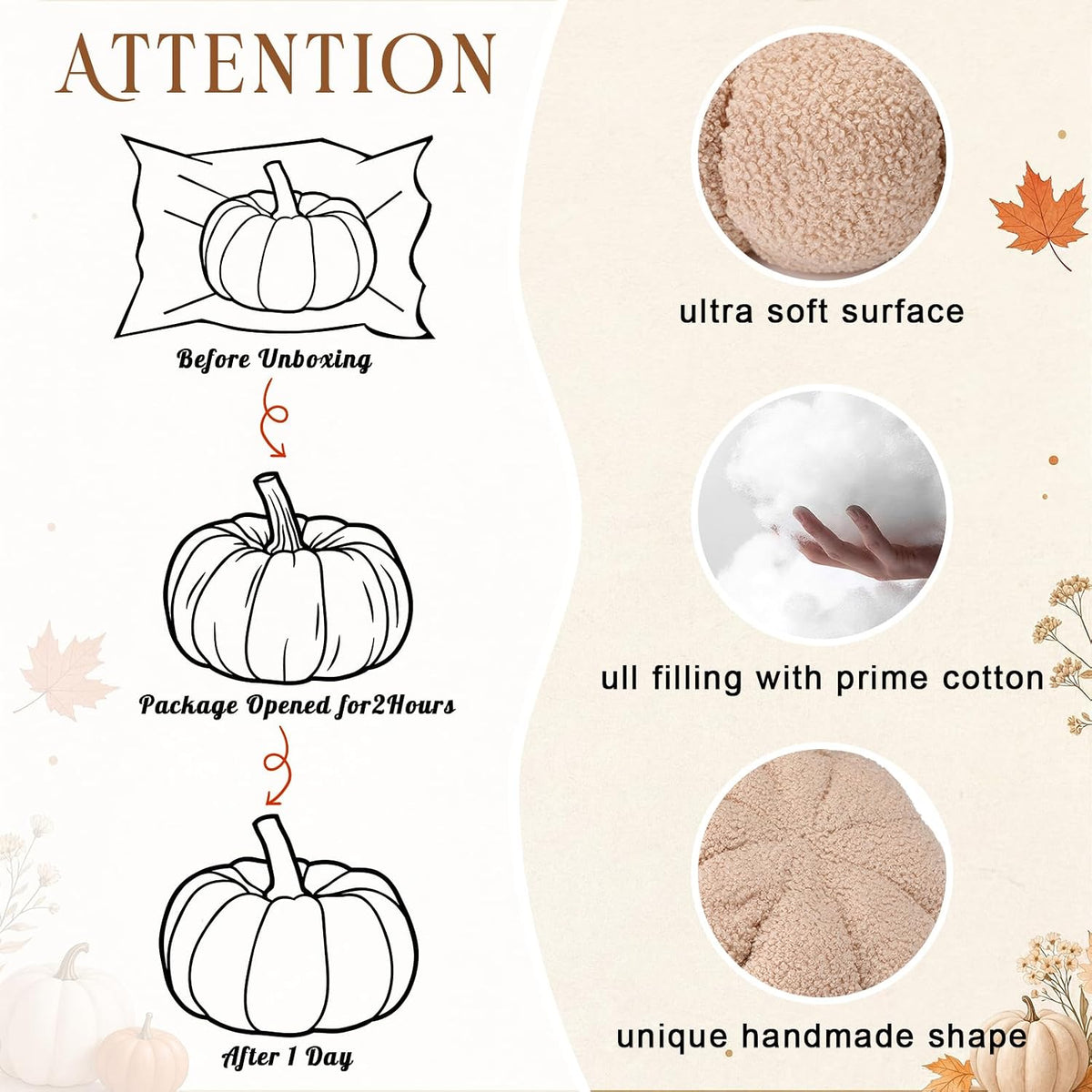 Queekay 2 Pcs Pumpkin Pillow Fall Decor Cushions, Beige, Large