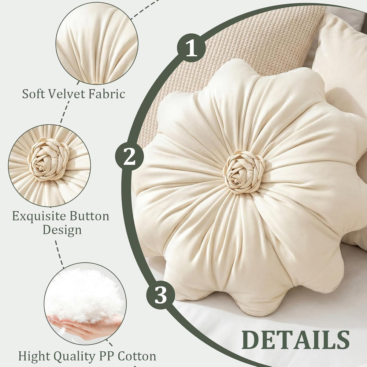 Flower Pillow,Olive Green Round Throw Pillows 15.7"