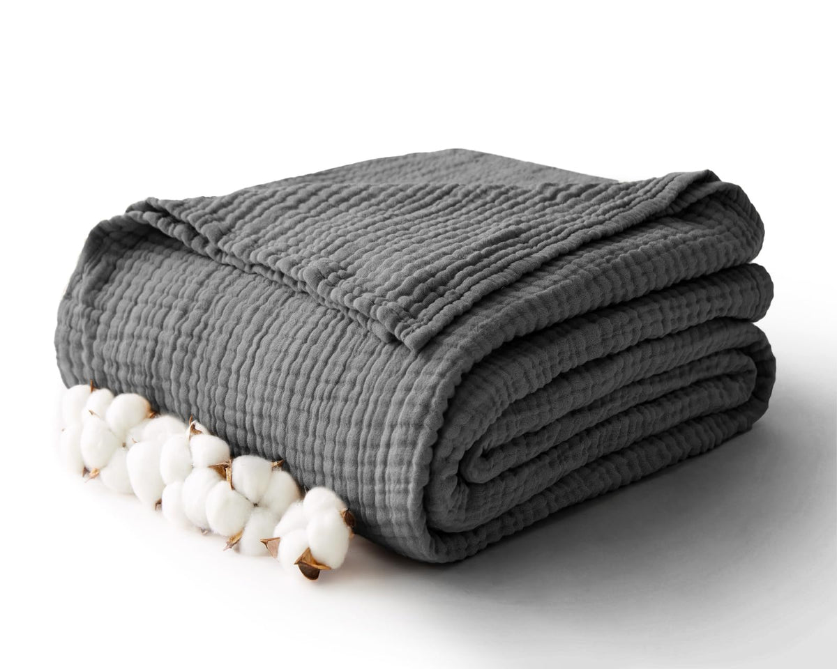 100% Cotton Muslin Blanket for Adults, 6-Layer Large Throw, Beige Linen