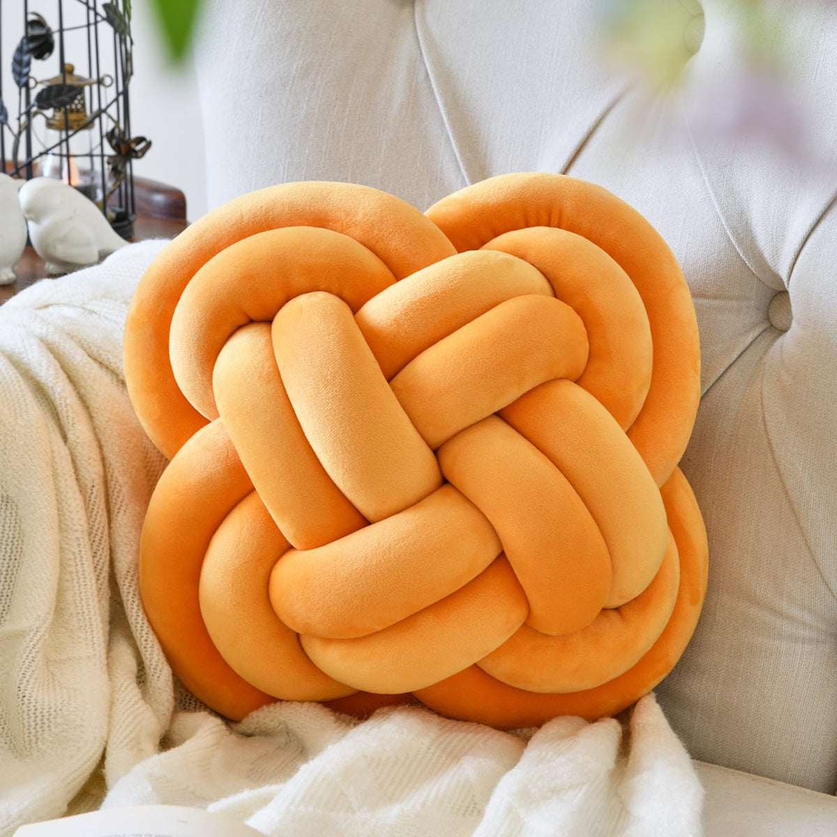 Xuyier Knot Pillow Ball, 12" Decorative Throw Pillows for Couch Bed, Beige