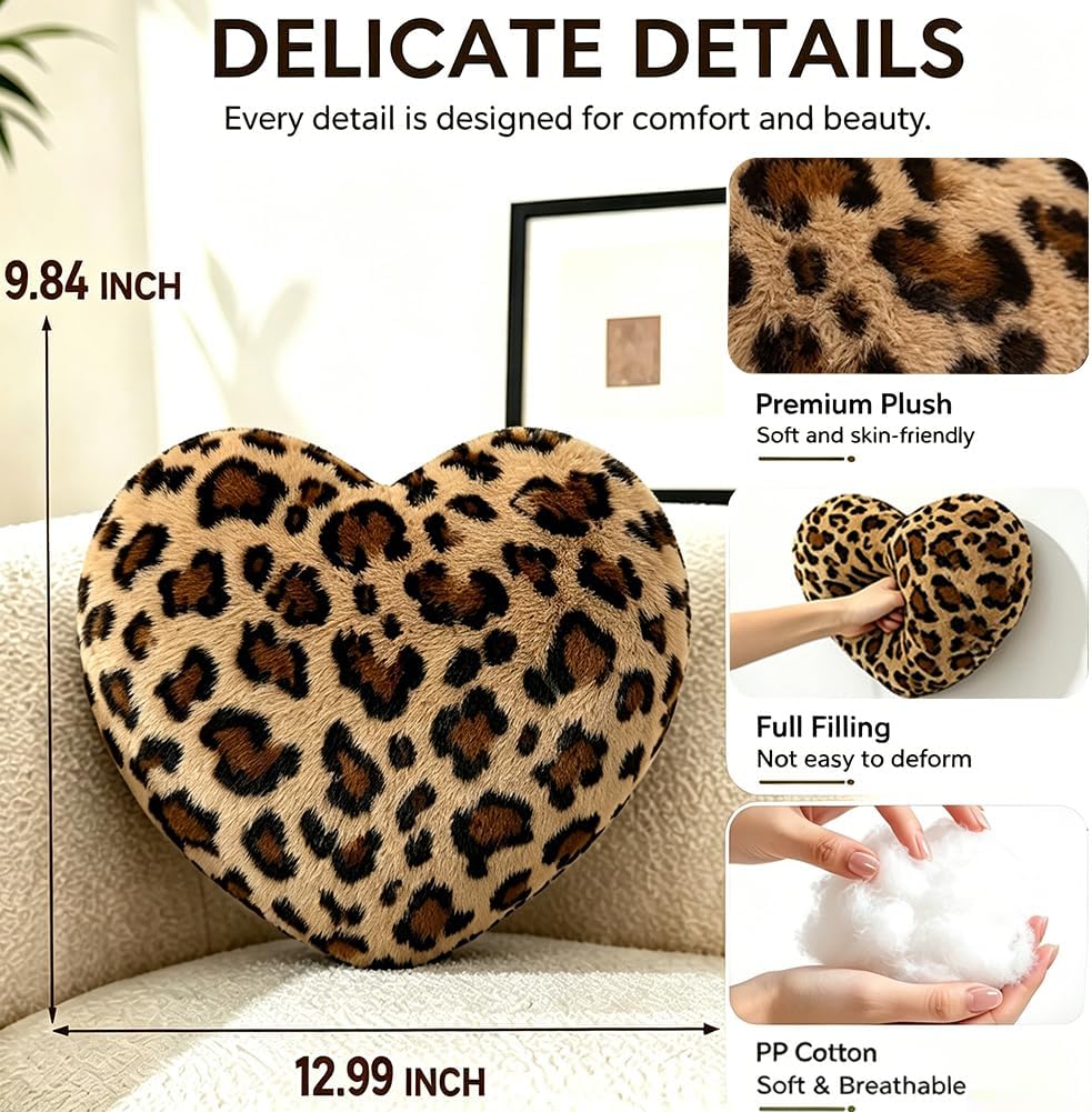 Leopard Heart Pillow Small Cheetah Print Love Pillows Soft Faux Fur Heart Shaped Decorative Pillow Cushion for Bed, Sofa, Couch, Bedroom & Living Room 13 x 10 Inch