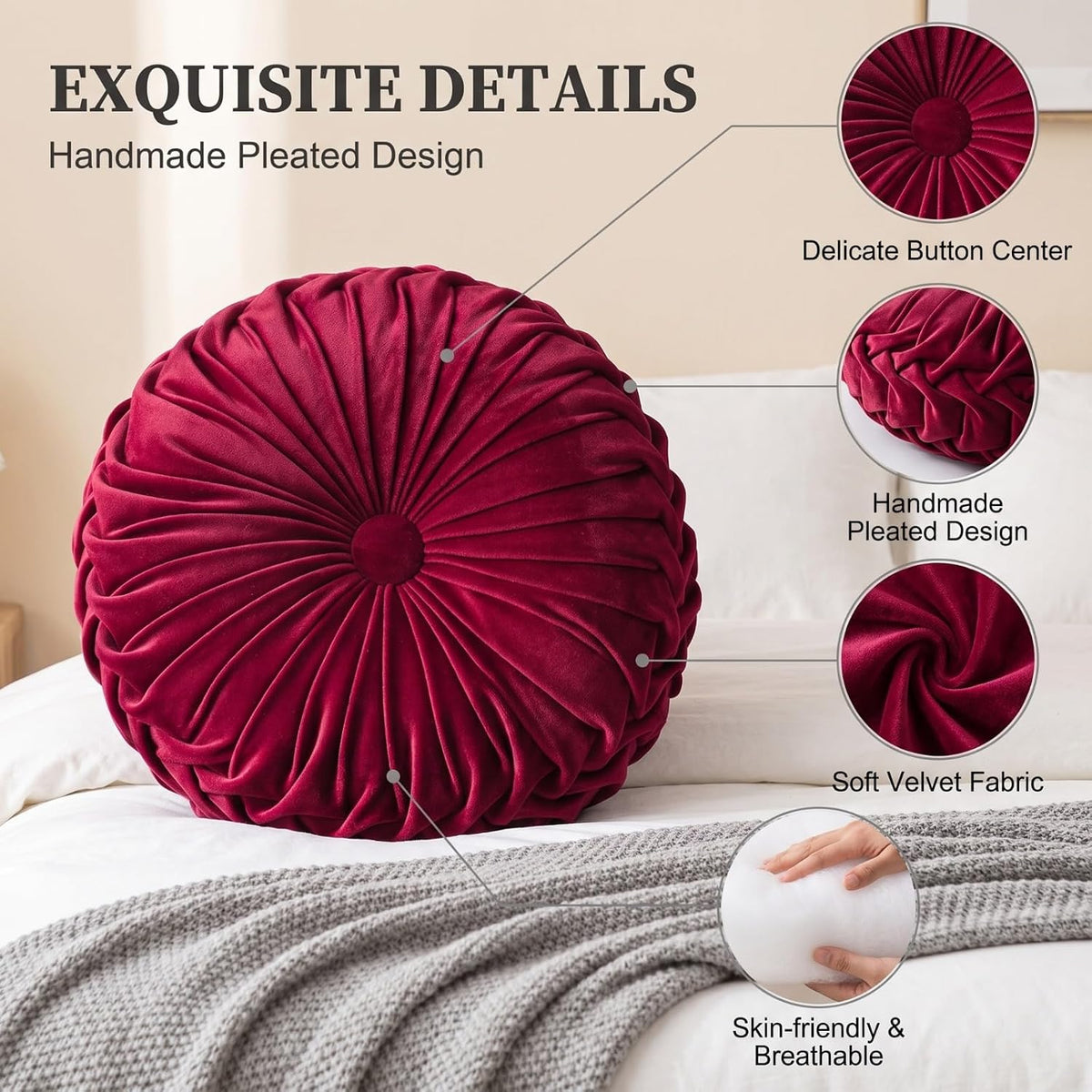 HLOVME Round Velvet Pillow for Couch Small Handmade Decorative Throw Pillow for Bed Bedroom 13.7” Wine Red