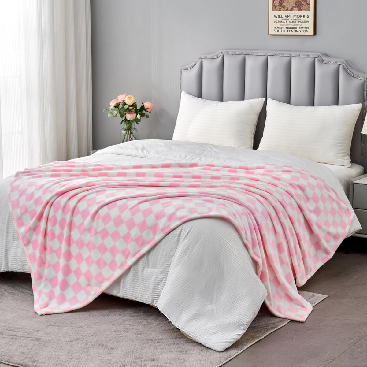 Edenleaf Pink Checkered Fleece Throw Blanket for Couch Warm Home Decor