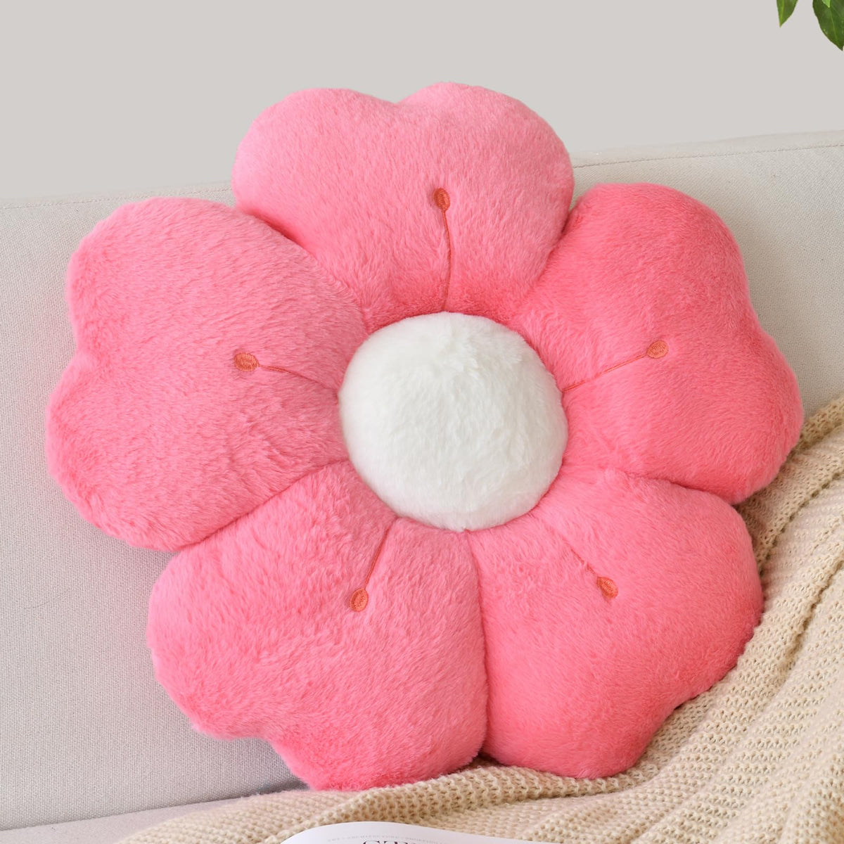 Flower Shaped Pillow, Cute Decorative Throw Pillow with Soft Artificial Rabbit Fur for Couch Bed Chair Floor, Flower Pillows Seating Cushions with Room Décor for Bedroom Living Room (14.9" Lavender)