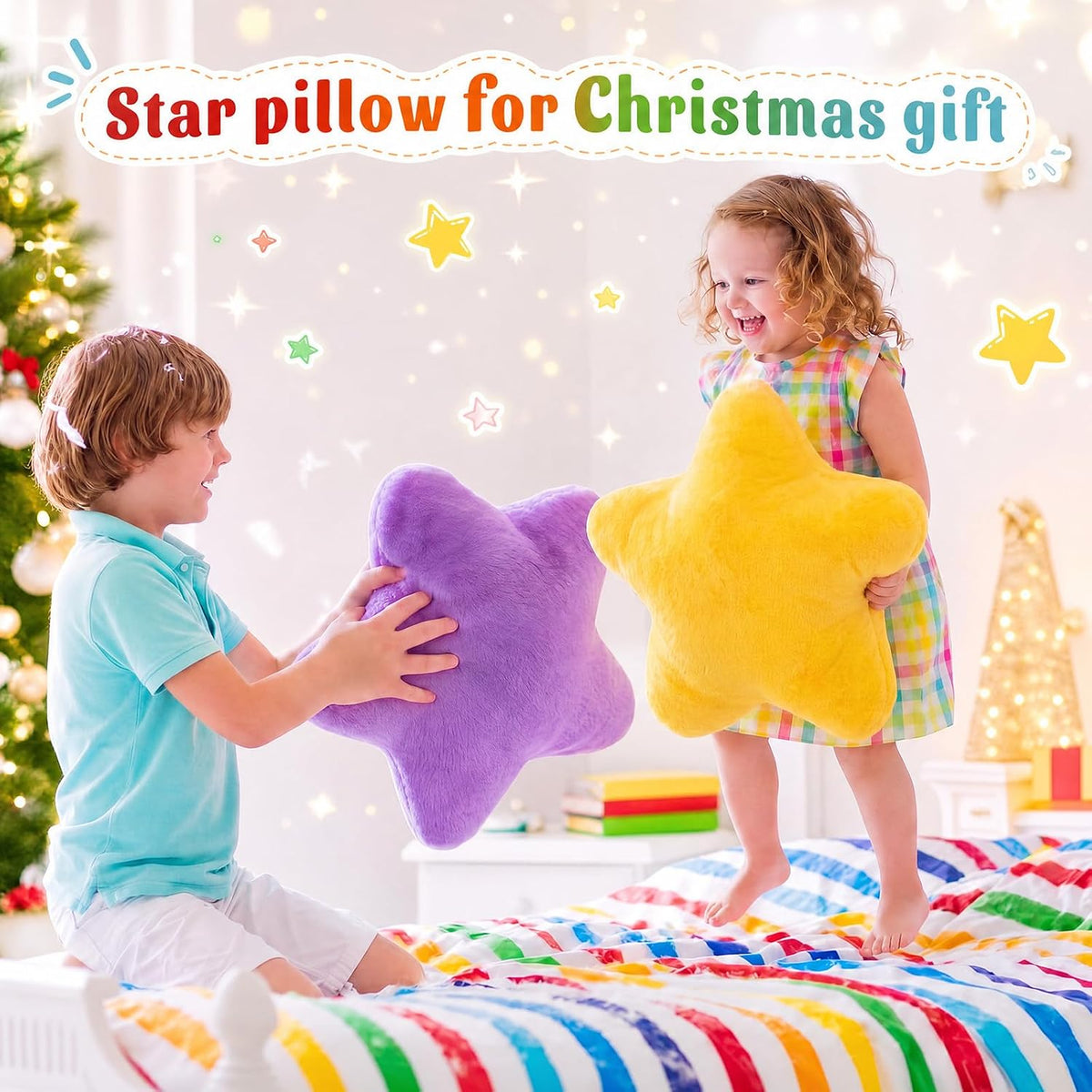Soaoo 5 Pcs Star Fluffy Pillow Shaped Star Throw Pillow Kids Aesthetic Decor Soft Preppy Cute Cushion for Sofa Living Room Bedroom Back to School 15.75 in, Bright Mix