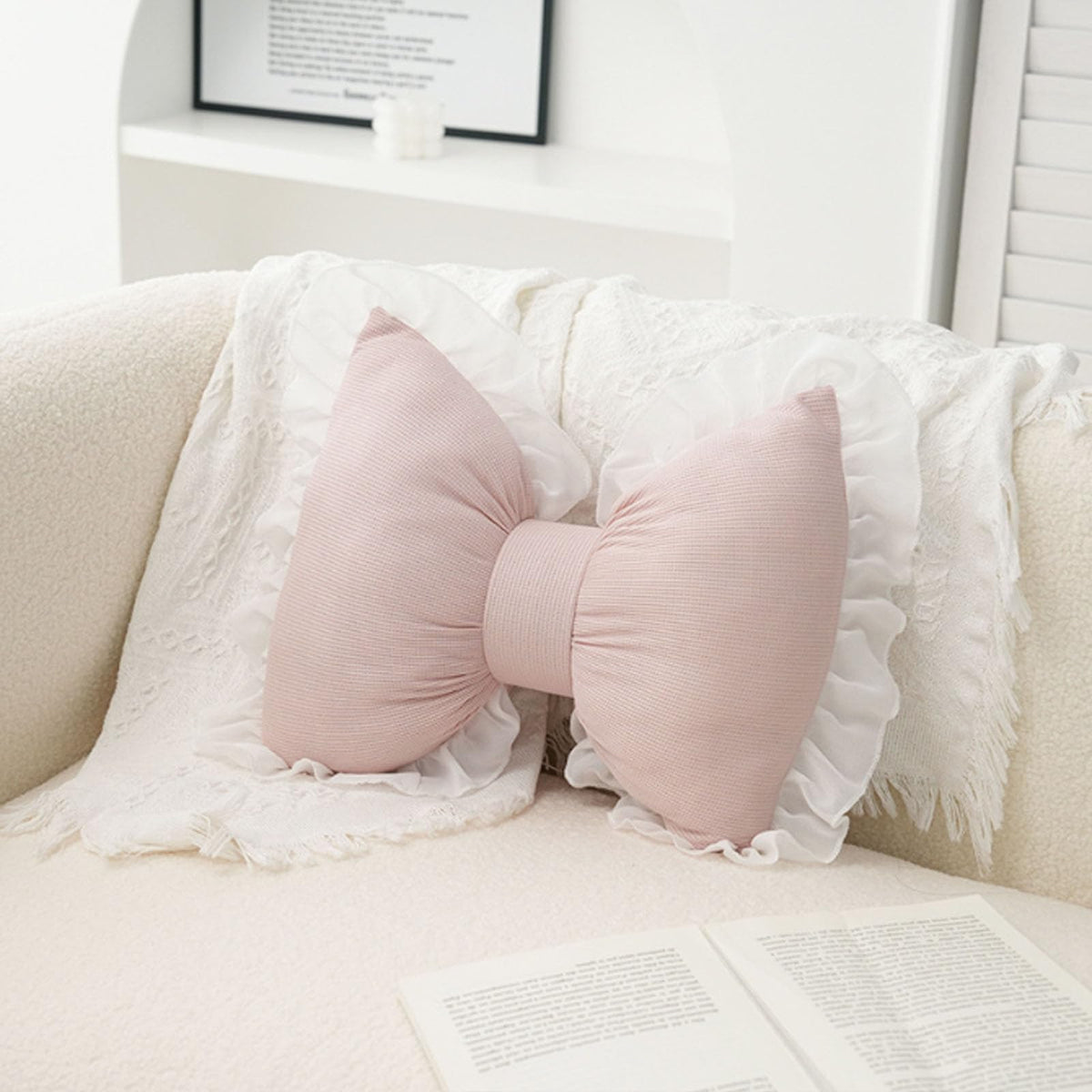 Bow Pillow Bow Shaped Pillow Decorative, Pink Bow Pillow Lace Bowknot Throw Pillow, Cute Bow Shaped Pillows for Sofa Couch Bed Living Room Bedroom