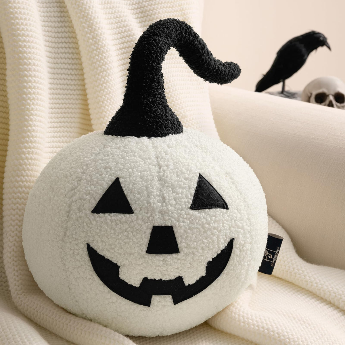 Phantoscope Happy Halloween Pumpkin Shaped Throw Pillow, Teddy Fleece Jack-o’-Lantern Pumpkin Pillow, Ultra Soft Sherpa Fall Decorative Halloween Cushion Pillow, Orange, 9.5 x 9.5 inches