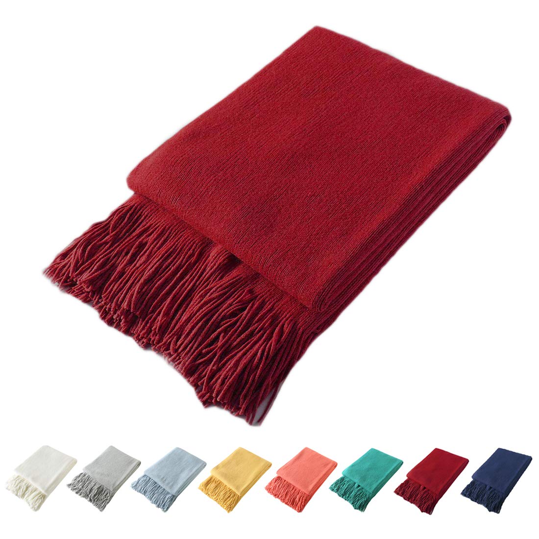 Homiest Pale Blue Knitted Throw Blanket with Fringe, 50x60 Inch