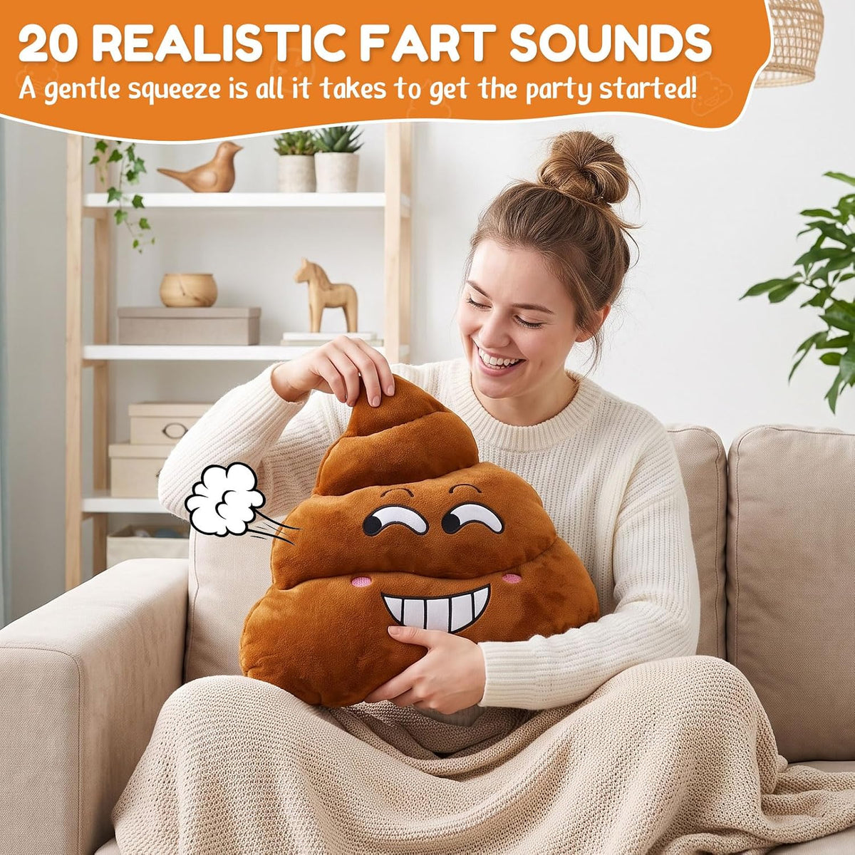 Farting Poop Plush Pillow with Sound – 20 Hilarious Fart Sounds, Soft & Durable Gag Gift for Friends, Coworkers & Prank Lovers, Fun Home Office Party Decoration