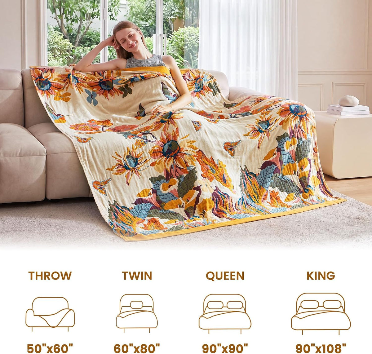 MSGKV Boho Throw Blanket 50"x60" Cotton Throw for Couch Sofa, Floral Quilt