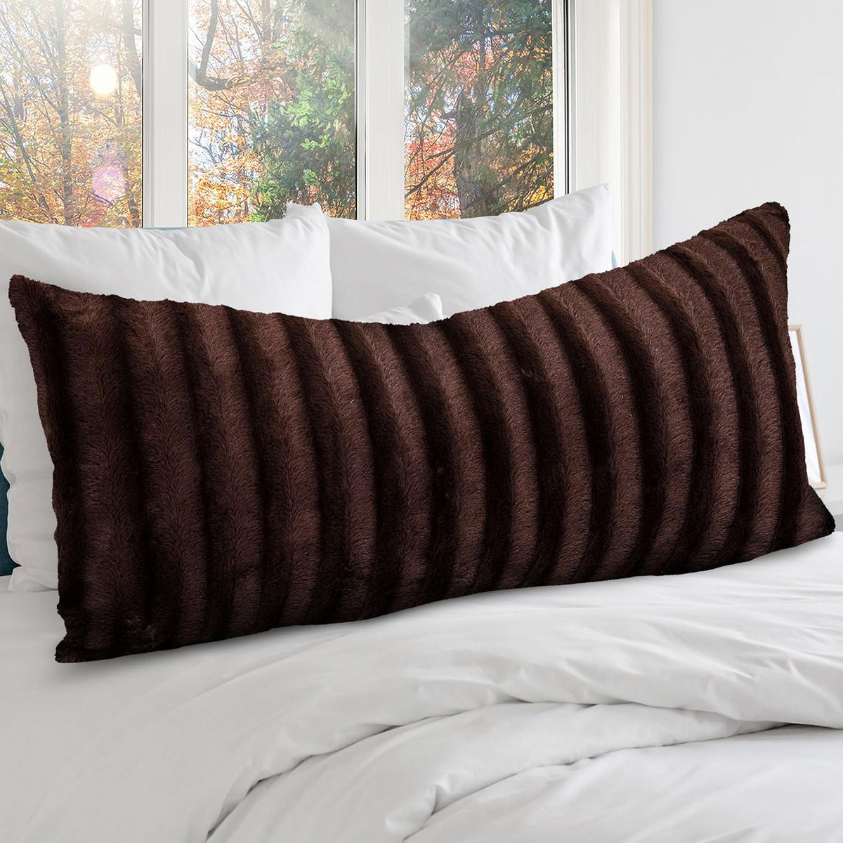 Cheer Collection Faux Fur Long Body Pillow - Accent Throw Pillow for Bed and Couch - Decorative Lumbar Pillow with Insert, Black (18" x 40")
