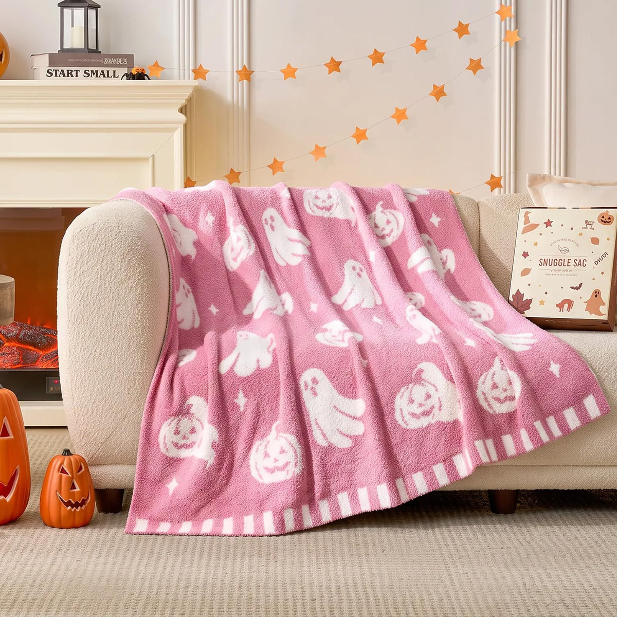 Snuggle Sac Fall Checkered Blanket Orange Pumpkin Maple Leaf Throw Blanket for Couch,Halloween Soft Cozy Luxury Decoration Blanket for Sofa Bed Living Room,50×60 inches