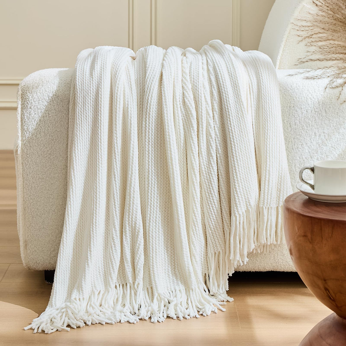 inhand Off White Knitted Throw Blanket for Couch and Bed, 50"x60"