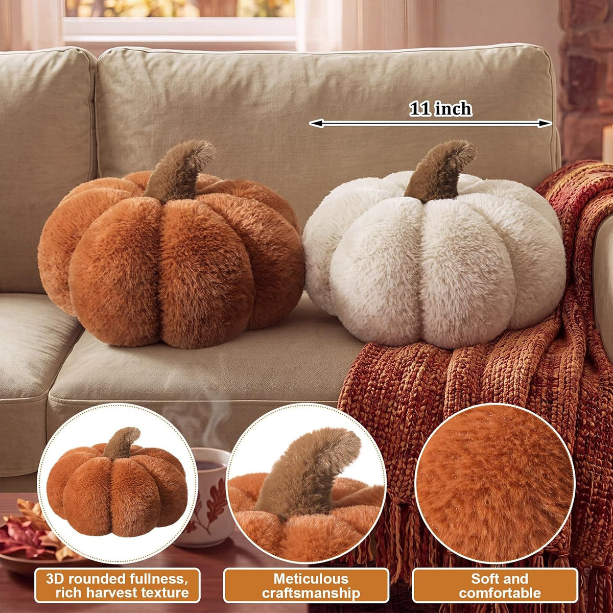 Wonderjune 2 Pcs Plush Pumpkin Pillows,Burnt Orange+Ivory White