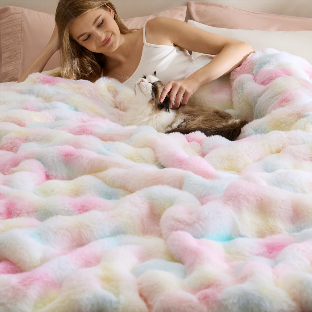 Bedsure Fluffy Bubble Faux Fur Throw XL Blanket, 50"x70", Tie-dye Taupe