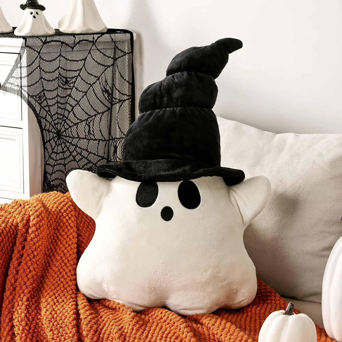 Bunny Chorus Halloween Decor Throw Pillows: Cute Plush White Ghost Pillow with Black Hat, Soft Stuffed Fun Ghost Cushion Halloween Decorations Indoor for Kids Home Sofa Bed Office Couch Living Room