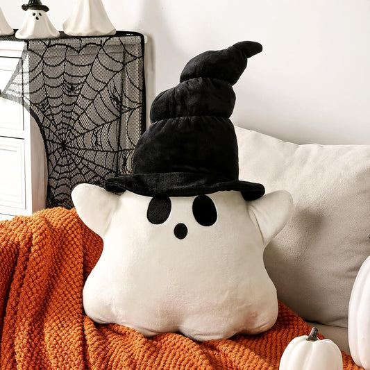 Bunny Chorus Halloween Decor Throw Pillows: Cute Plush White Ghost Pillow with Black Hat, Soft Stuffed Fun Ghost Cushion Halloween Decorations Indoor for Kids Home Sofa Bed Office Couch Living Room