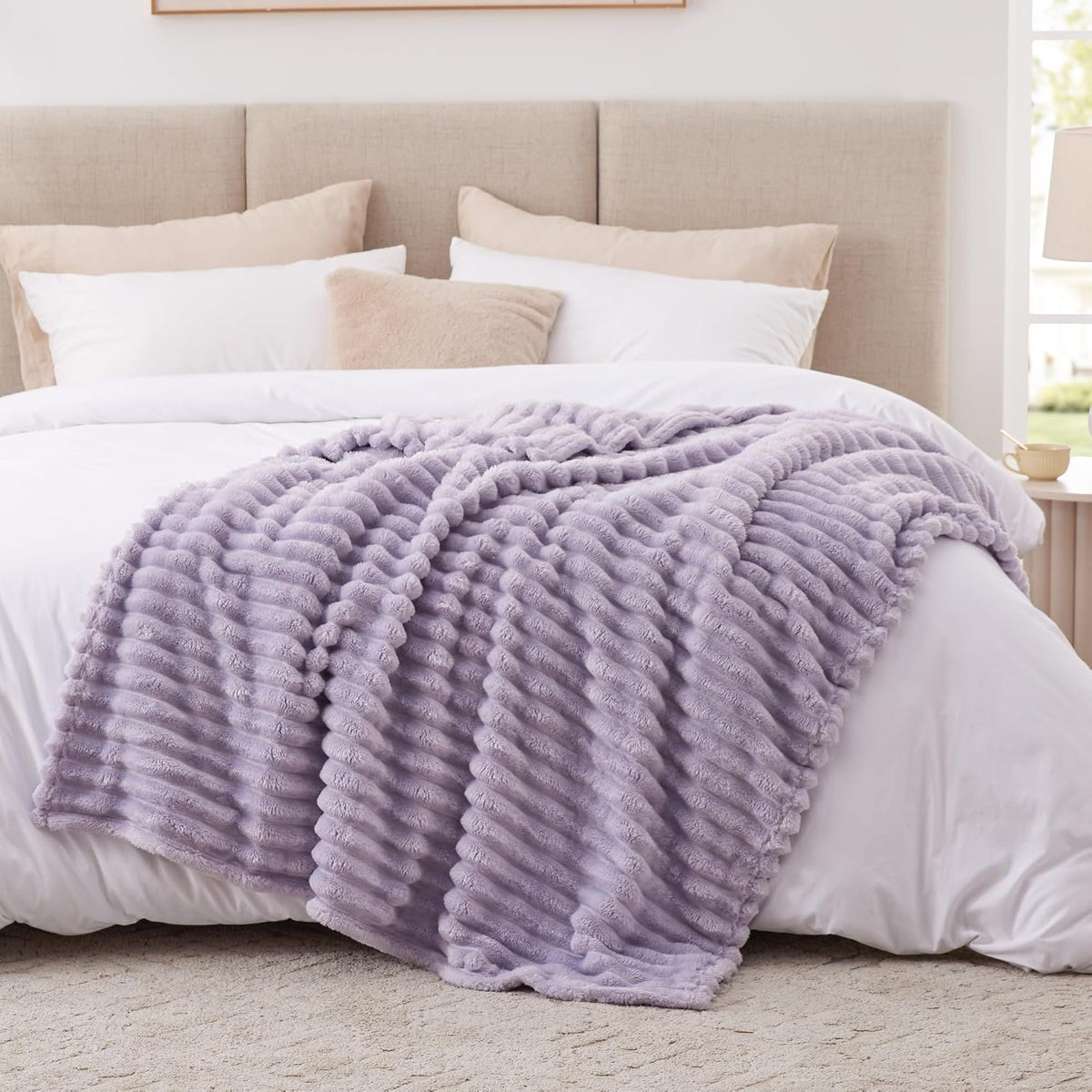 EXQ Home Stripe Jacquard Throw Blanket Light Purple for Couch Gentle Soft