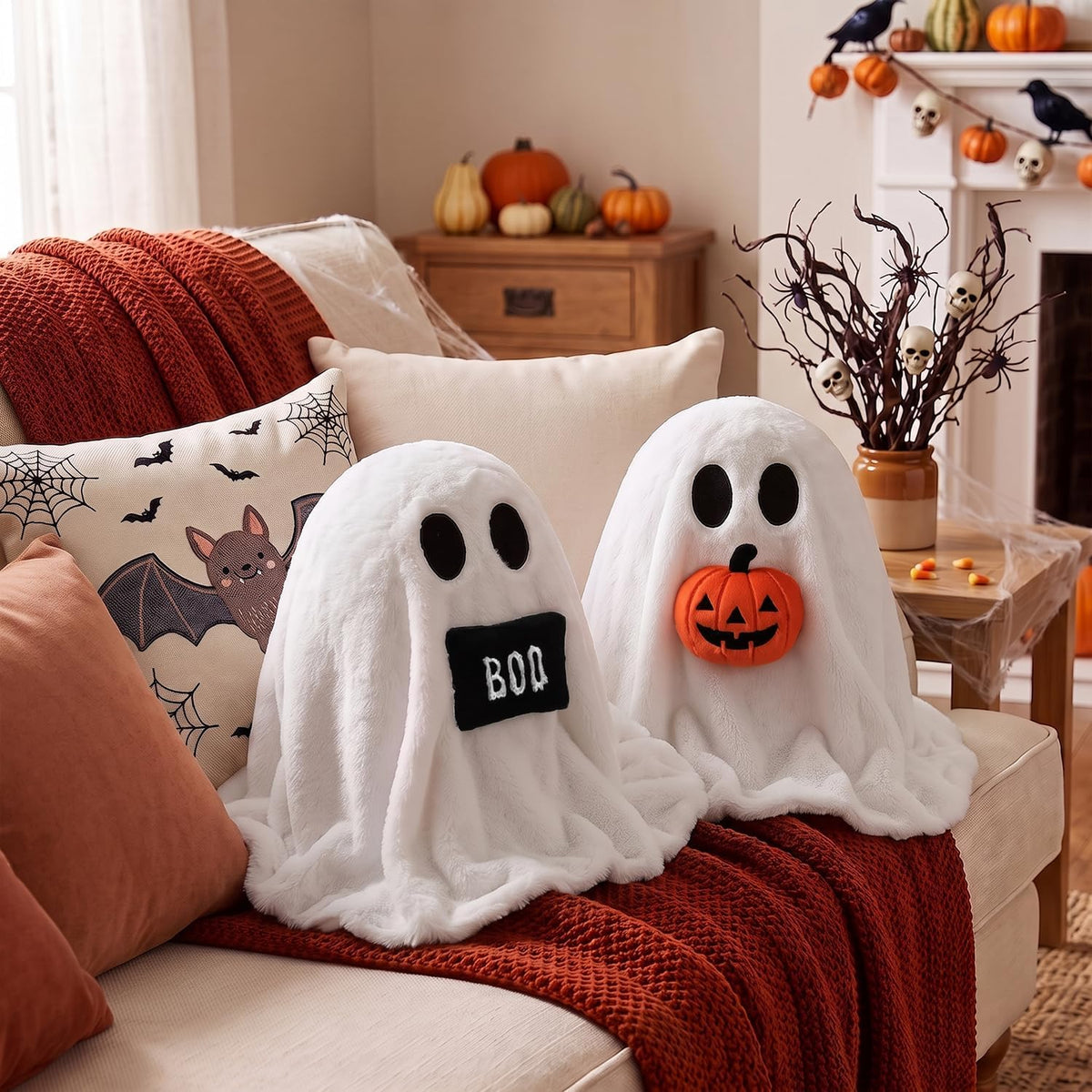 Bunny Chorus Halloween Ghost Throw Pillows, 2pcs Ghost Shaped Decorative Pillows for Couch Sofa Bed, Cute Spooky Halloween Stuffed Pillow Plush Ghost Doll Home Decor Party Decorations, 14" x 12"